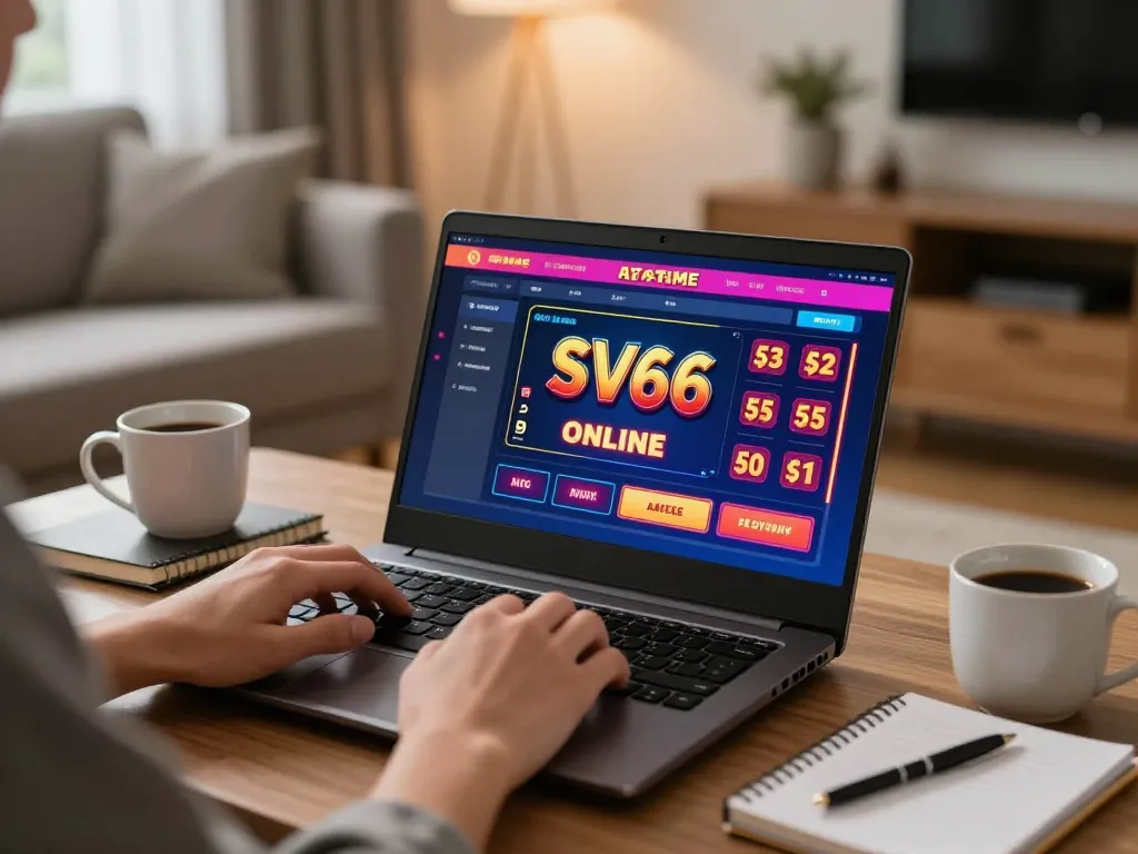Player enjoying SV66 casino games on laptop in a cozy home setting