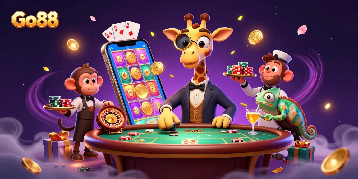Experience exciting gameplay at Go88 with a high-roller giraffe at the poker table amidst thrilling casino action.