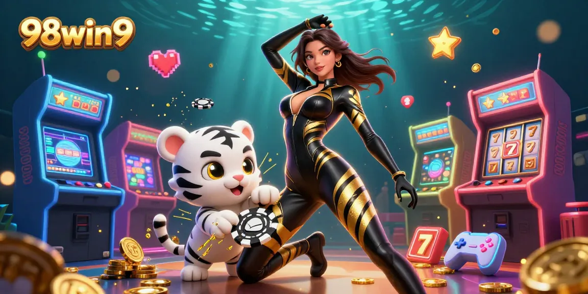 Experience thrilling casino action with 98win9 in a vibrant game-filled scene featuring dynamic characters.