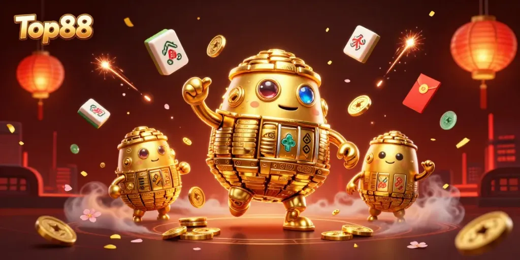 Experience exciting Top88 gaming with a golden golem and festive symbols in this vibrant 3D casino scene.