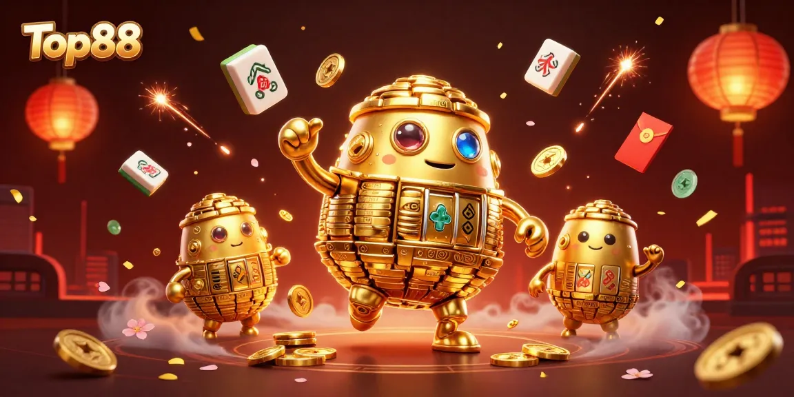 Experience exciting Top88 gaming with a golden golem and festive symbols in this vibrant 3D casino scene.