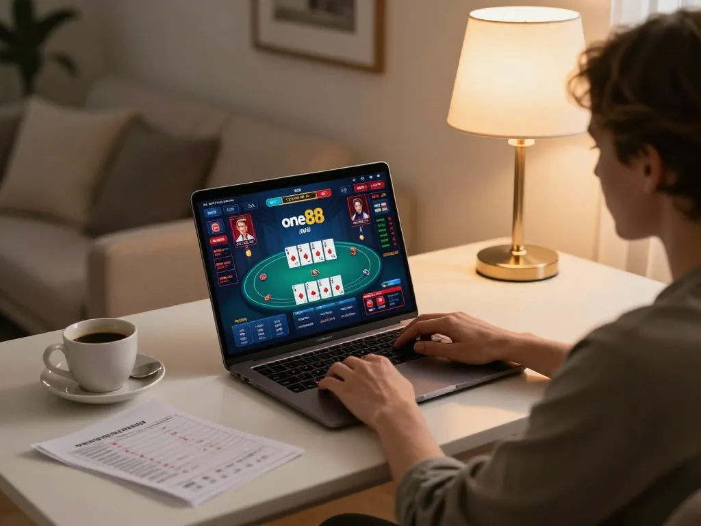 Person enjoying online poker on one88on platform in a cozy home office