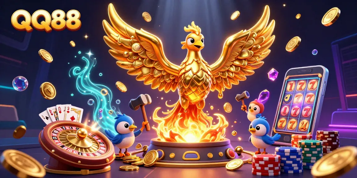 Experience thrilling wins at QQ88 with a golden phoenix and cascading coins in an exciting casino scene.