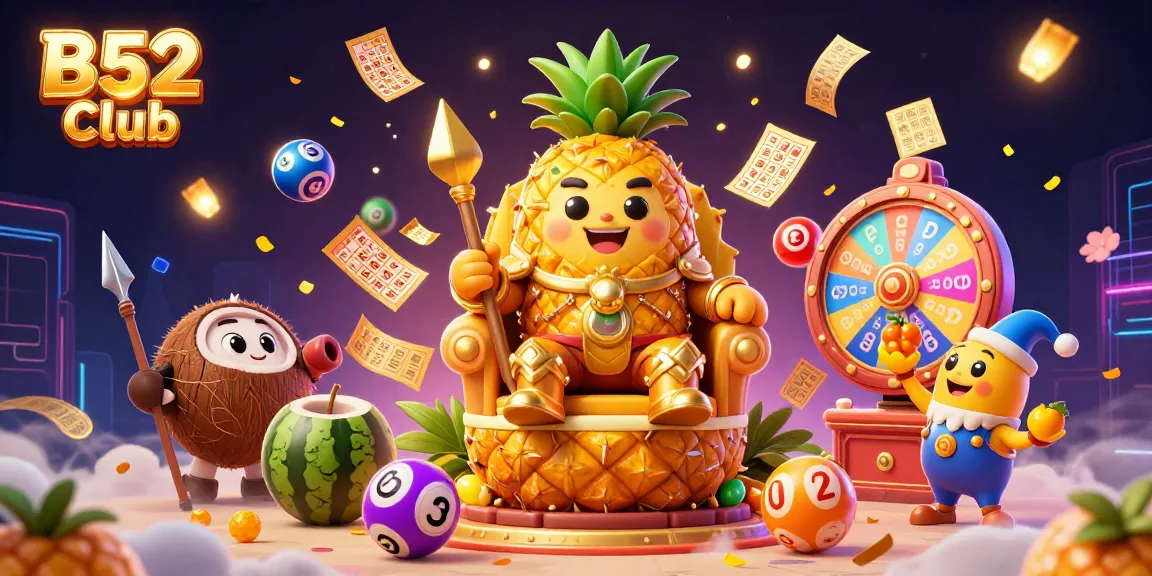 B52 Club engages players in exciting casino action with a vibrant scene featuring a tropical king and lively game elements.