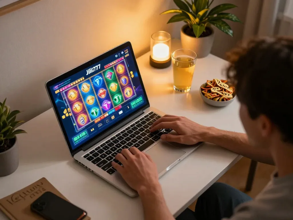 Engaging with Jili777 Rest on a laptop screen showing colorful slot games in a cozy home setting.