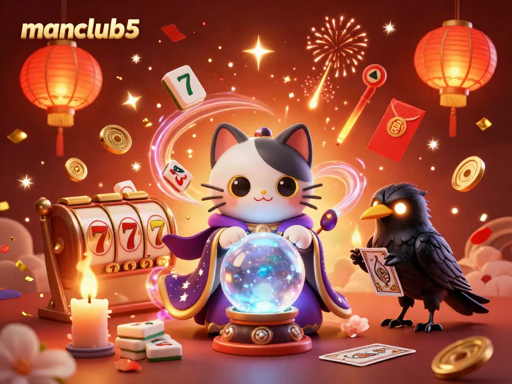 Engage with manclub5's exciting gaming scene featuring a mystical cat and raven amidst rich casino elements.