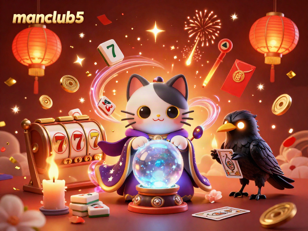 Engage with manclub5's exciting gaming scene featuring a mystical cat and raven amidst rich casino elements.
