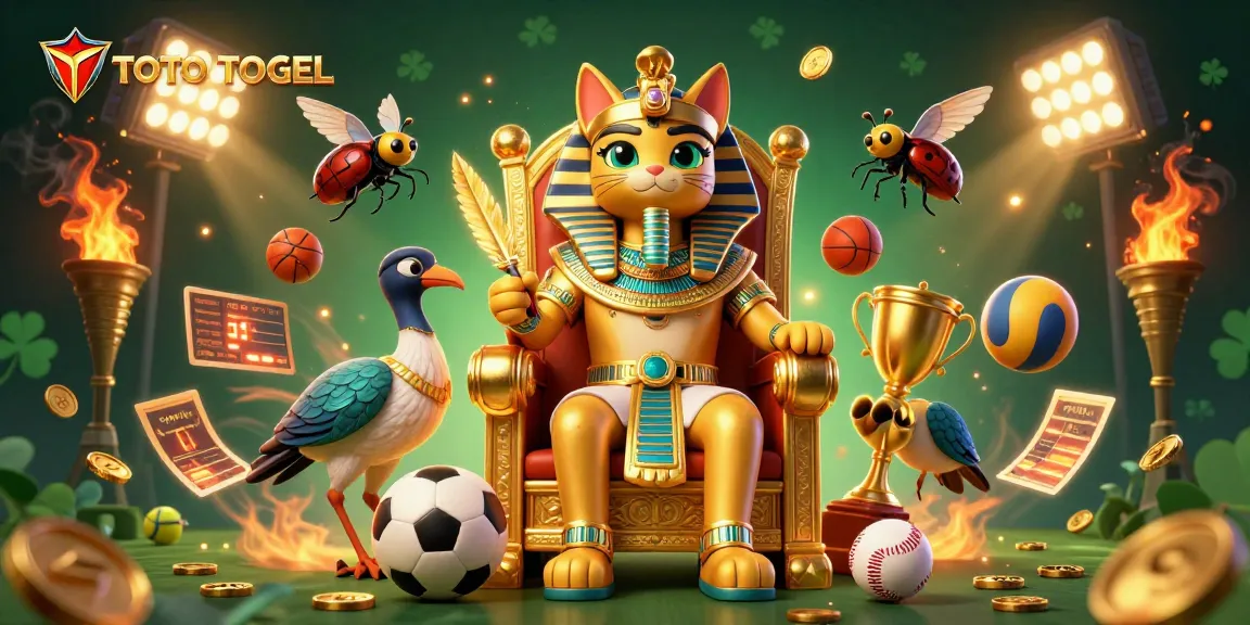TOTO TOGEL: Enjoy dynamic gameplay with a pharaoh cat, sports balls, and vibrant casino elements.