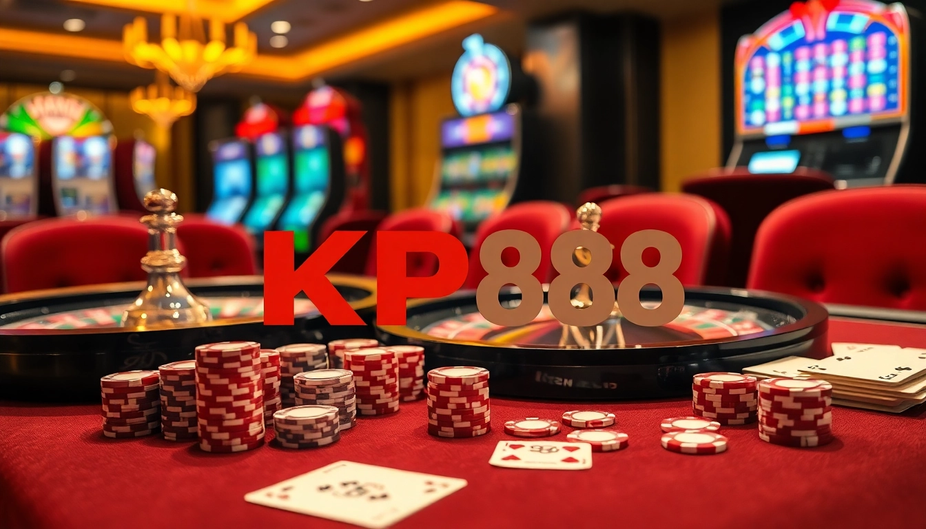 Experience exciting gameplay at KP88 casino with vibrant poker chips and roulette wheel.