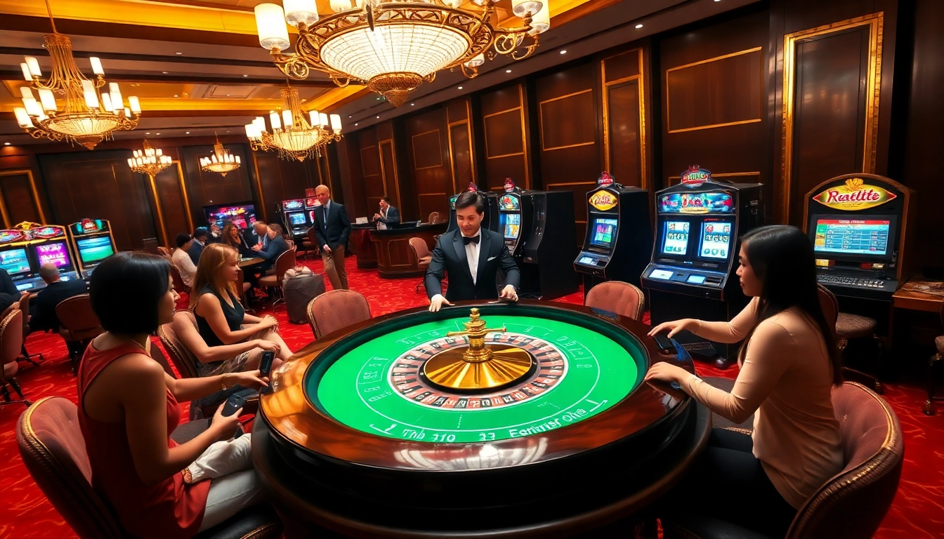 Players enjoying intense gambling action at 33win.place's luxurious casino setting.