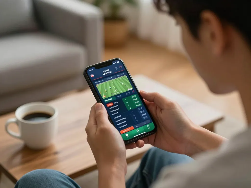 Sports enthusiast analyzing soi kèo nhà cái odds on mobile device at home