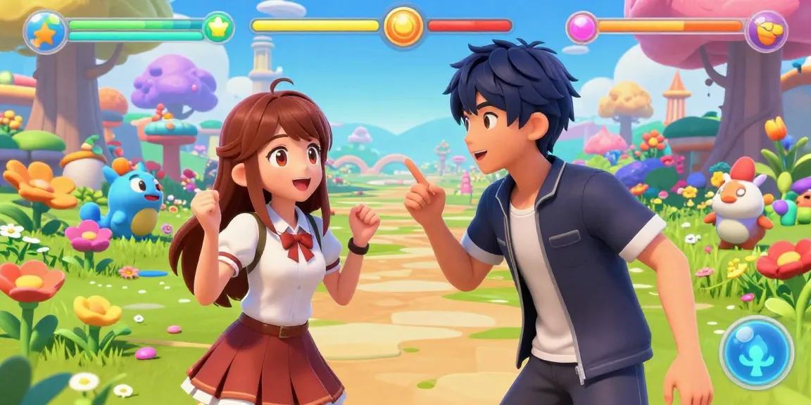Engaging characters in an ecchi simulator game surrounded by vibrant 3D graphics.