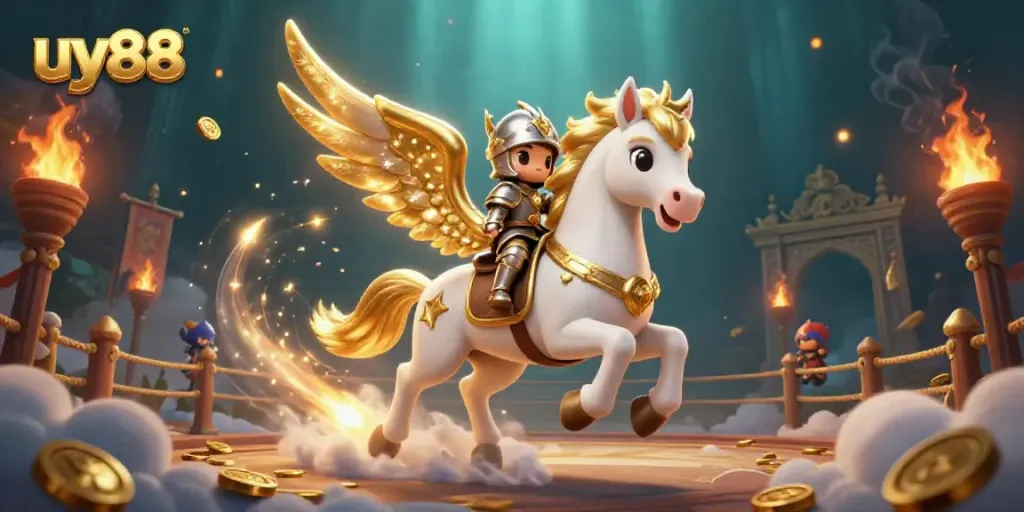 Experience the thrill of uy88 with dynamic golden-winged horses and casino adventure elements.