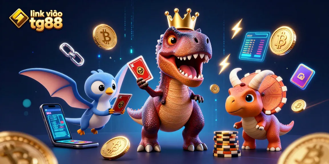 Experience the excitement of gambling with link vào tg88 in a vibrant 3D casino illustration featuring a T-Rex and friends.