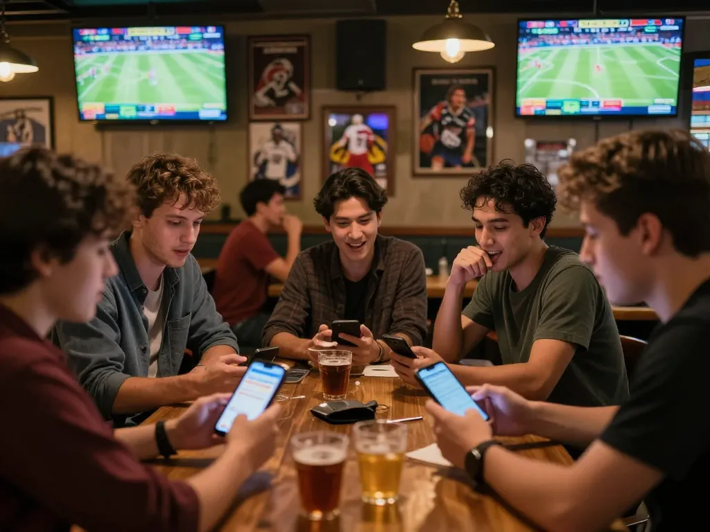 Soi keo active sports betting scene with patrons analyzing odds and placing bets at a lively sports bar.