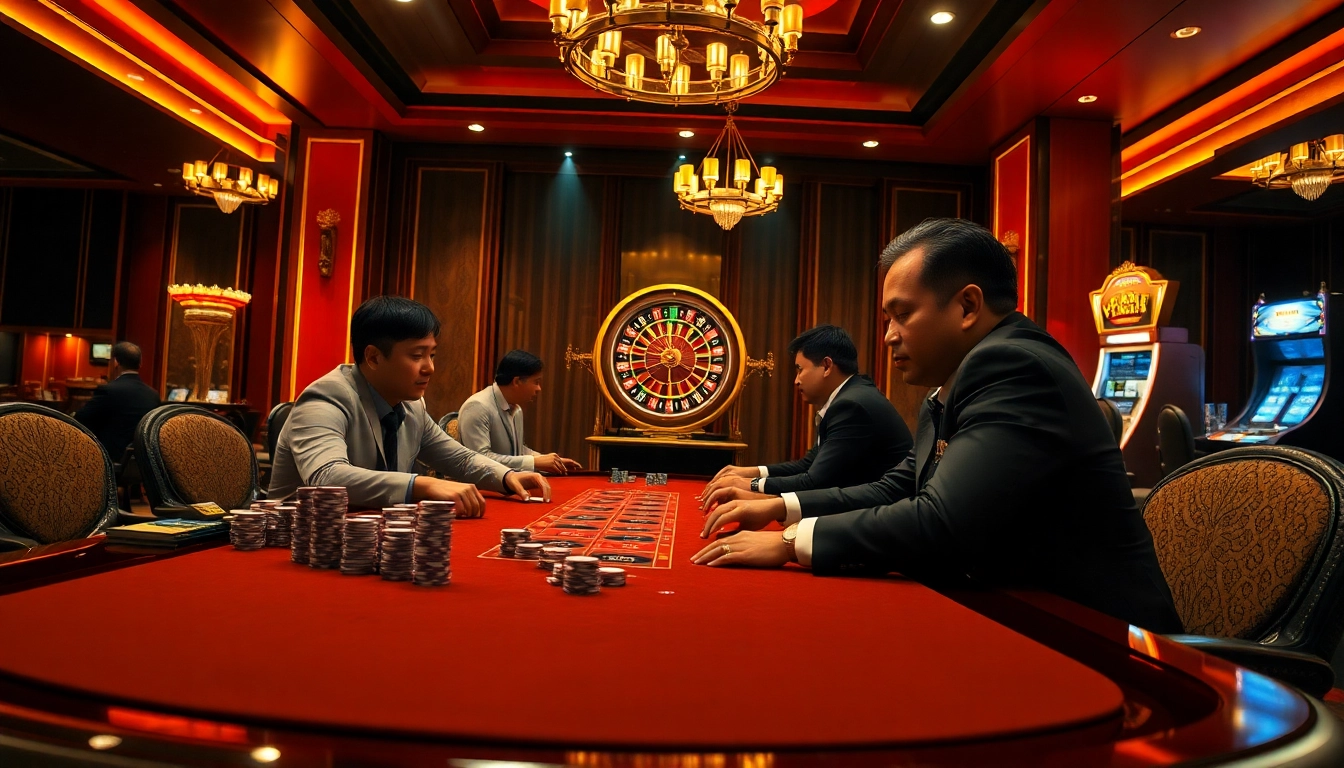 Exciting poker game scene at TRANG CHỦ VIN88 featuring vibrant casino elements and strategic play.