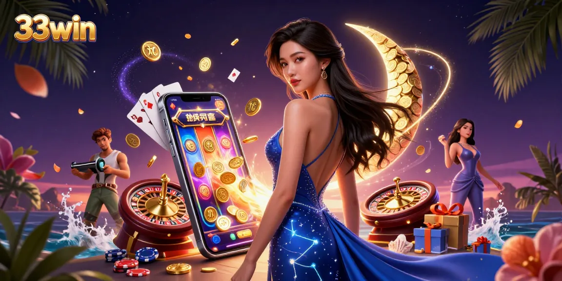 Experience the thrill of gambling at 33win with an elegant casino scene full of dynamic gaming elements.