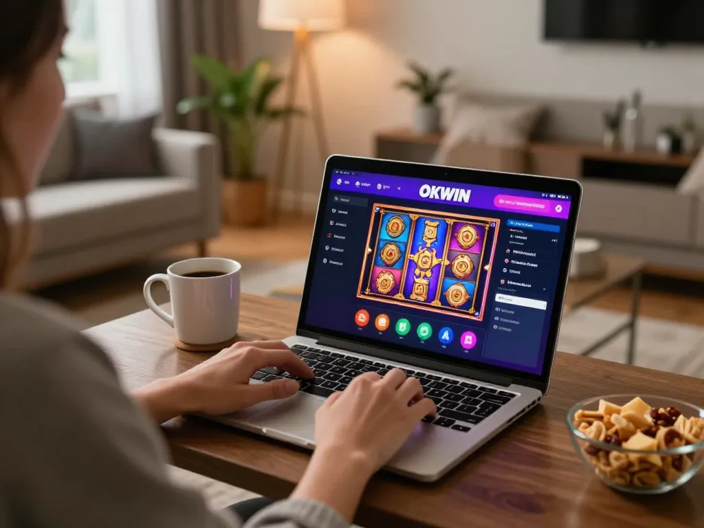 Player enjoying engaging OKWIN slot games in a cozy online gaming setup with snacks and a drink