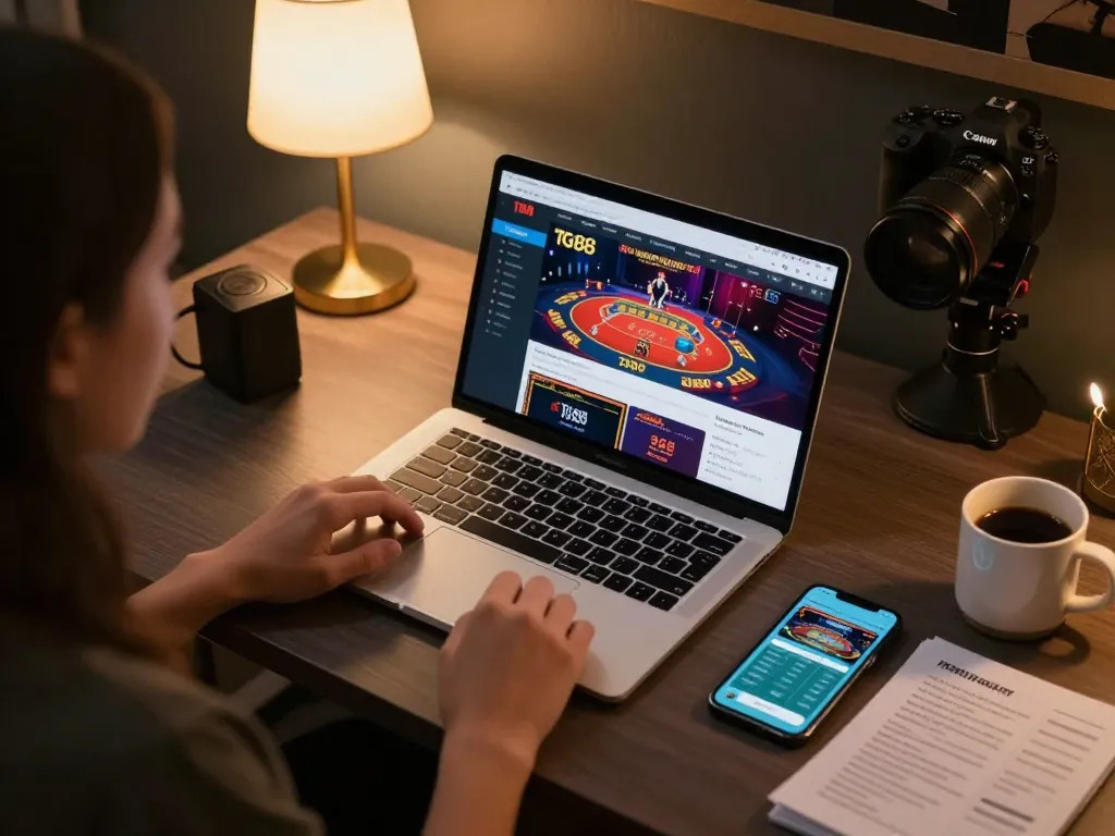 Player enjoying TG88 online casino games on laptop while analyzing strategy notes and mobile app