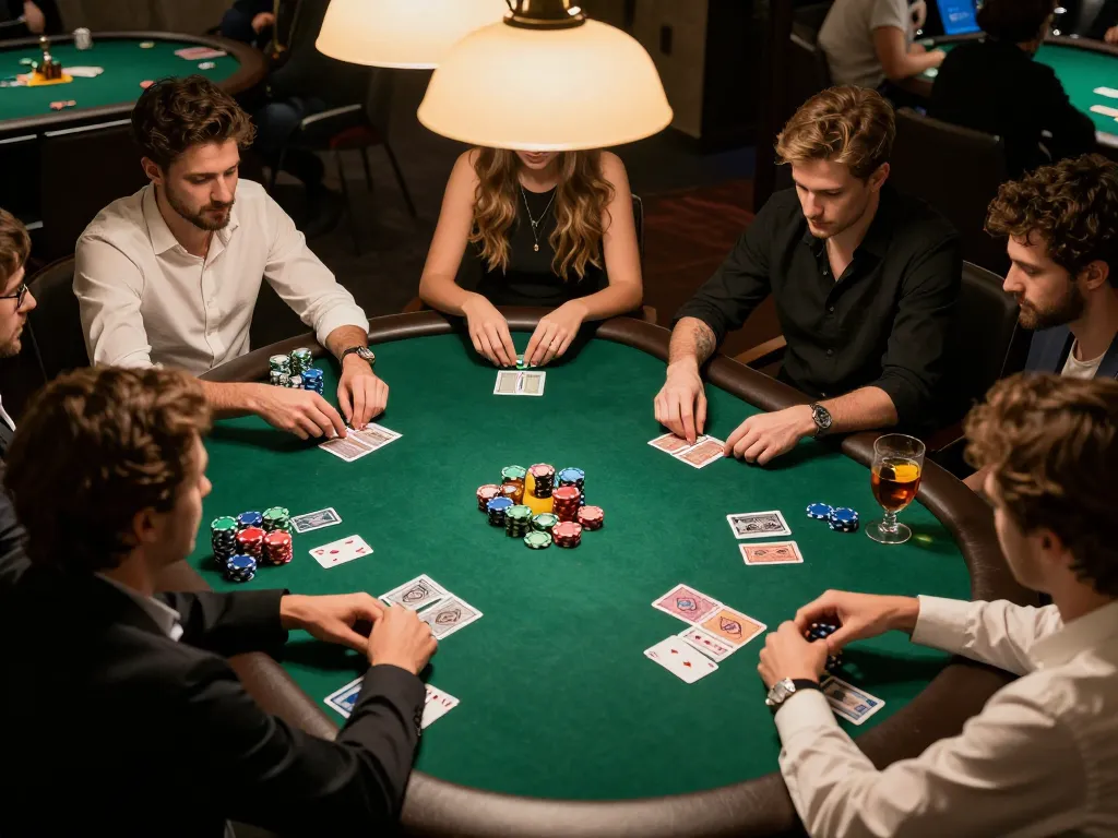 Watch players engage in poker strategy at a vibrant game night featuring 7mz.