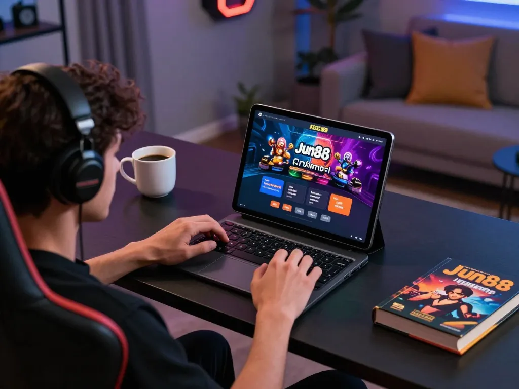 Player enjoying Jun88’s online casino app on a tablet during a strategic gaming session at home.