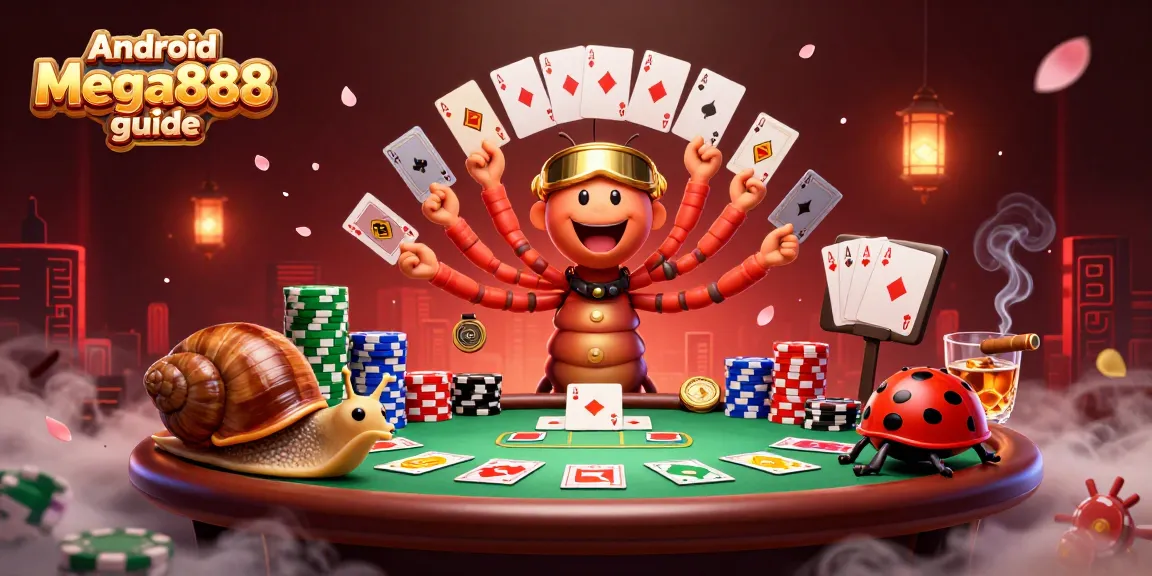 Experience the Android Mega888 guide with a lively casino scene featuring a millipede dealer and colorful chips.