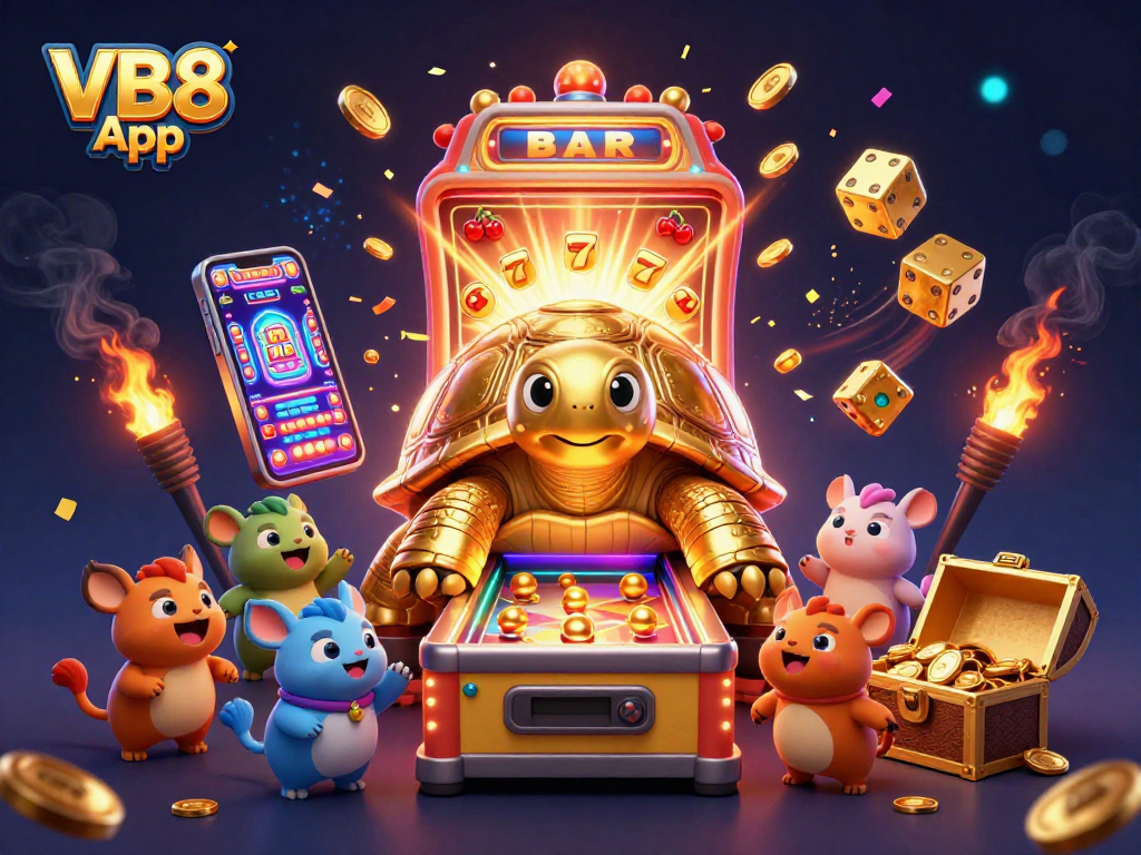 Experience exciting wins with VB8 App, featuring a golden tortoise pinball machine and thrilling slot symbols.