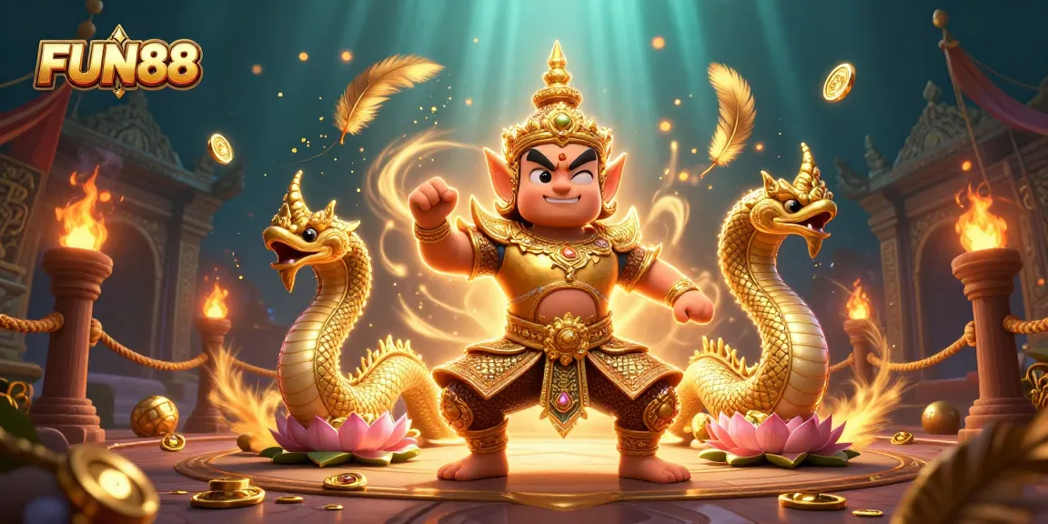 Experience thrilling FUN88 gaming with dynamic 3D illustration of a casino guardian and Naga companions.