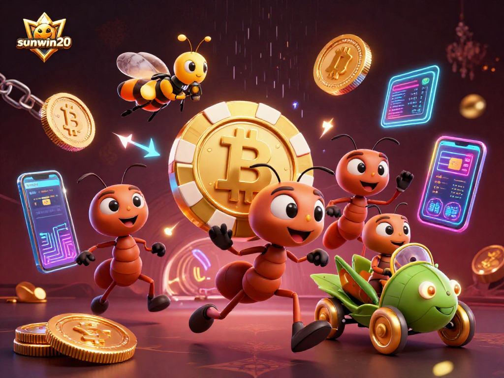 Win big at sunwin20 with a heist of cartoon ants carrying a giant poker chip.