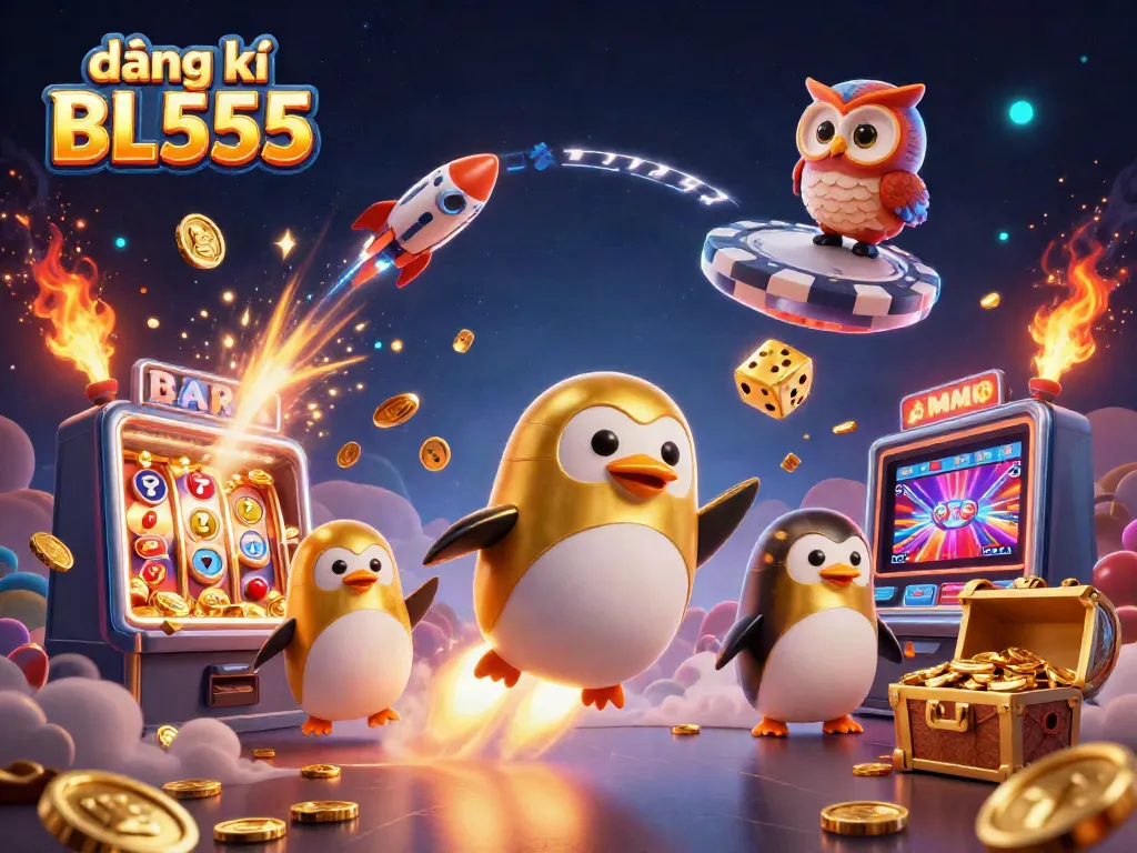 Join the excitement with đăng kí BL555, featuring a vibrant casino scene with a golden penguin and slot machines.
