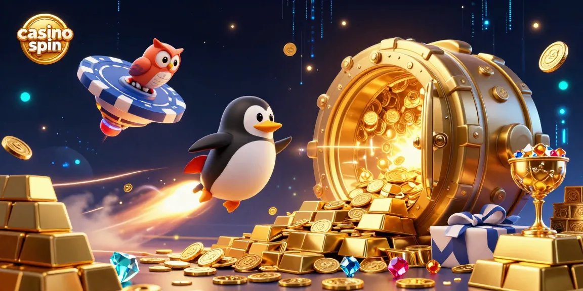 Experience the excitement of casino spin with a thrilling cosmic adventure featuring golden treasures and a dynamic scene.