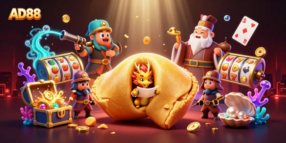 AD88 represents a vibrant casino scene with a golden fortune cookie and animated game elements