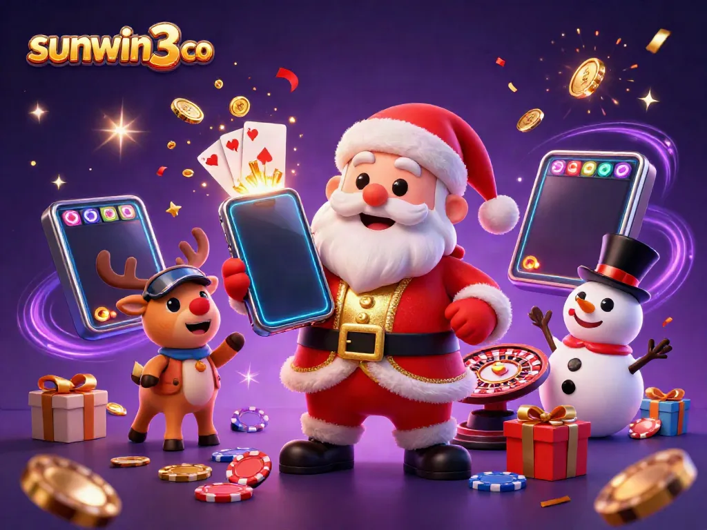 Experience thrilling gameplay with sunwin3 co featuring a cartoon Santa, smartphone slots, and festive casino elements.