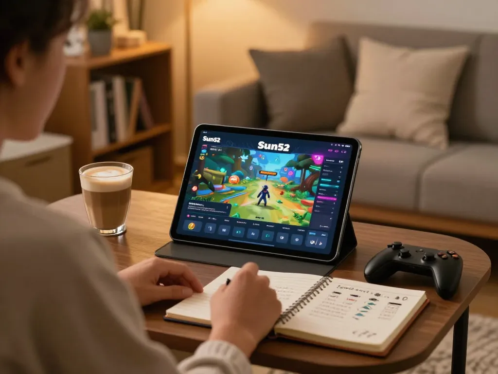 Tải Sun52 from a cozy home setup using a tablet for online gaming with vibrant graphics.