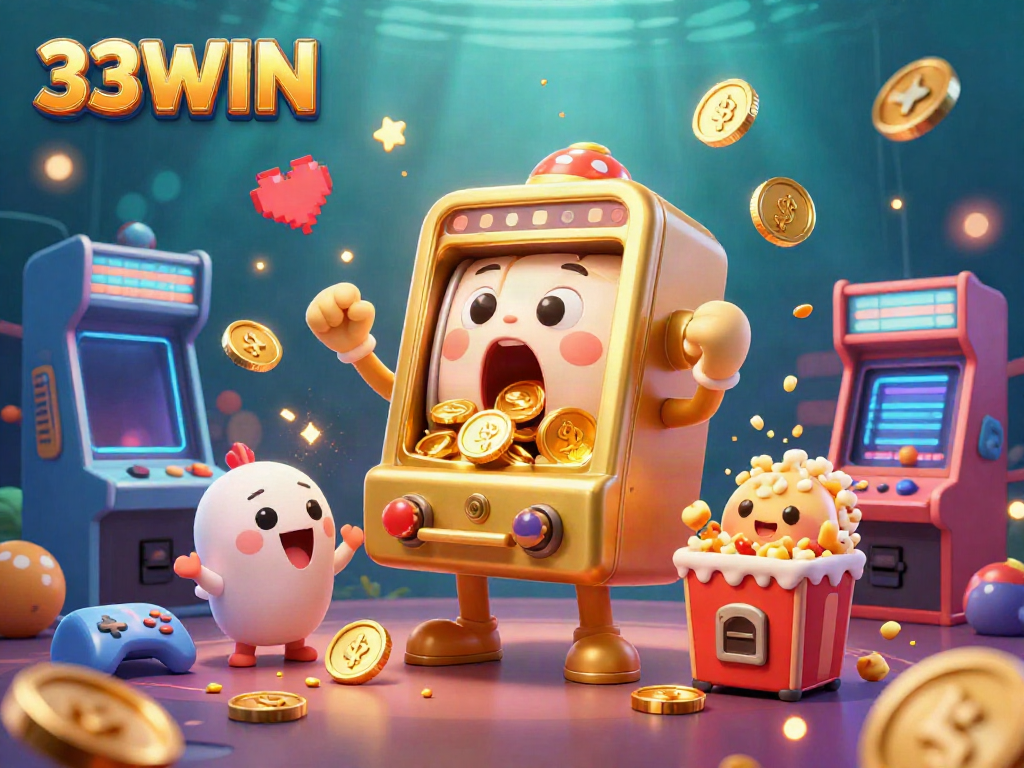 33WIN's energetic slot machine scene reveals a jackpot hit with fun bonus elements and cheering machines, celebrating the gaming experience.
