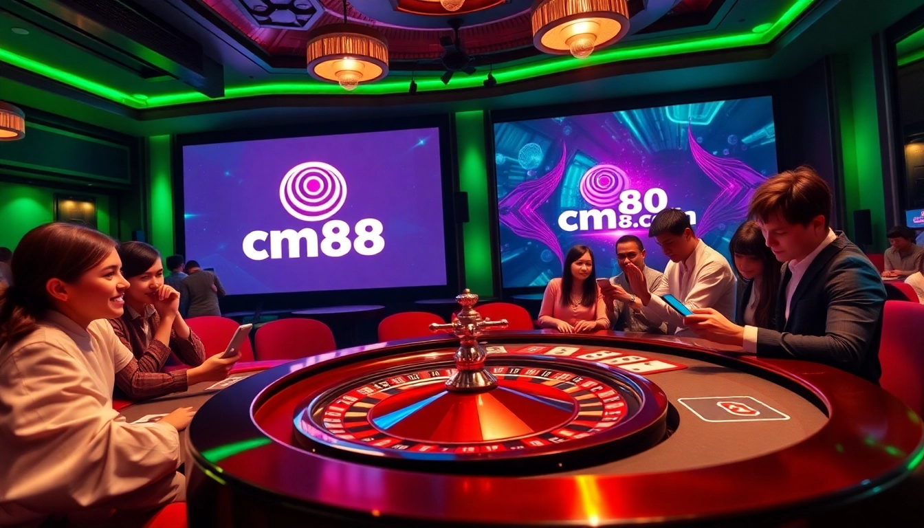 Experience the excitement of cm88.com with players enjoying a high-stakes poker game in a luxurious casino setting.