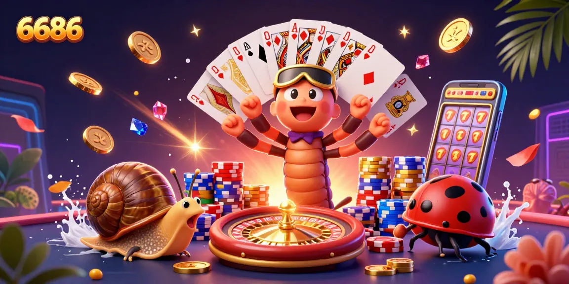 Win big at 6686 with a lively casino scene featuring a whimsical millipede dealer and high-roller snail.