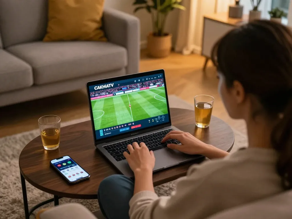 Person experiencing thrilling CAKHIATV live football match on laptop while placing bets, cozy home setting, engaging atmosphere.