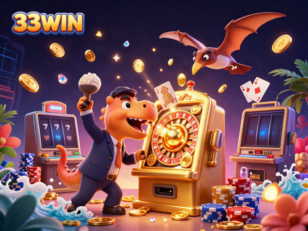 33WIN cartoon illustration of a pachycephalosaurus celebrating a jackpot at a casino with coins and gems flying.