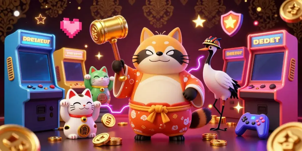 Engage with the vibrant world of debet as a tanuki and friends celebrate in a colorful casino-themed illustration.