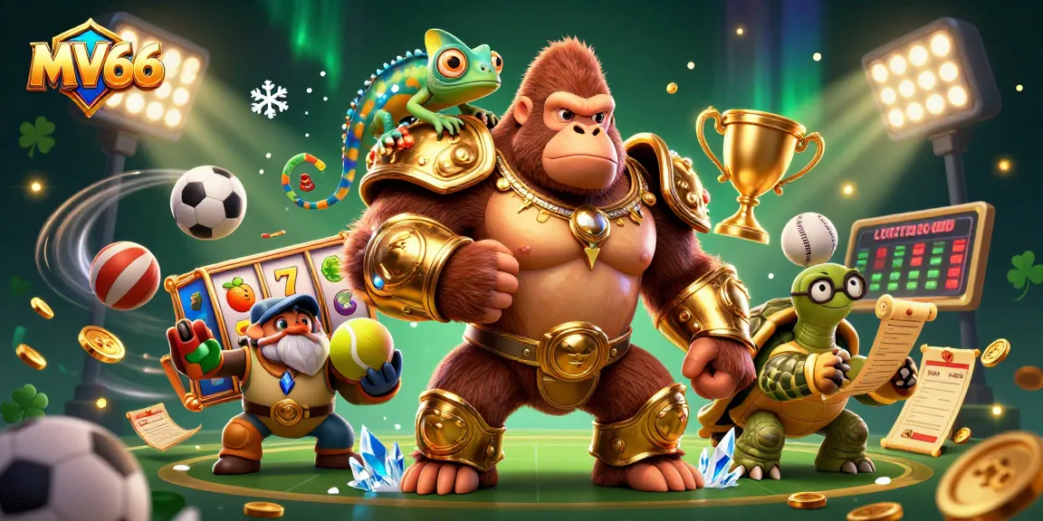 MV66 slot gaming action showcasing a golden gorilla king, chameleon spy, and tortoise elder.