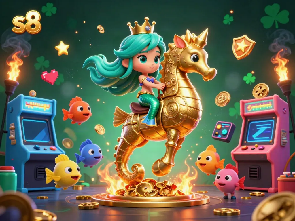 Engage in exciting gaming adventures with s8 as you join a mermaid princess and her seahorse in a vibrant casino world.