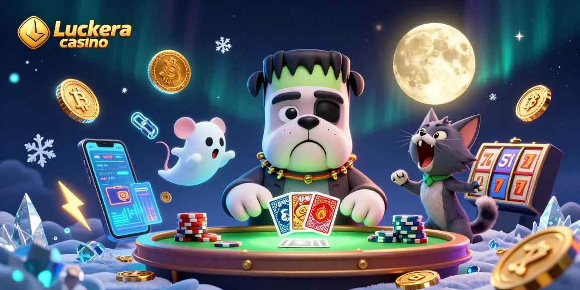 Engage in thrilling gameplay at Luckera casino with a lively scene of a Frankenstein bulldog dealing cards amidst vibrant casino elements.