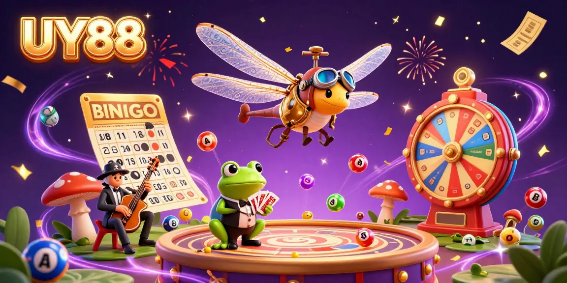 Experience the thrill of UY88 with a bustling casino scene featuring a dragonfly pilot and frog dealer.