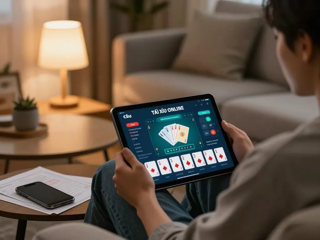 Engaging with the app tài xỉu online while analyzing betting strategies on a cozy couch.