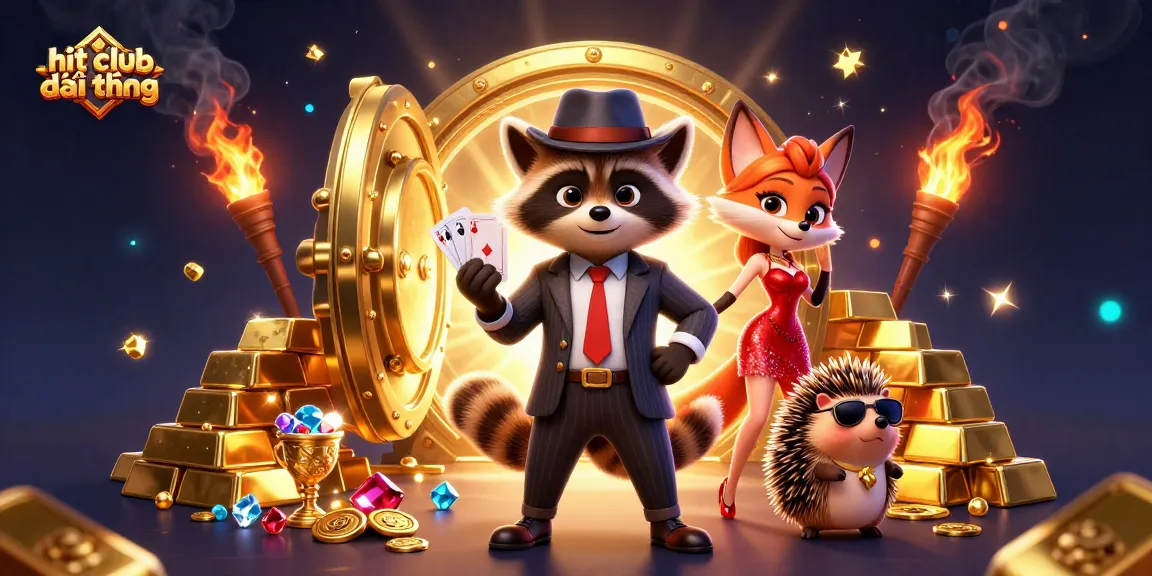 Hit club đổi thưởng vibrant scene showcasing characters in a thrilling casino atmosphere with treasure.