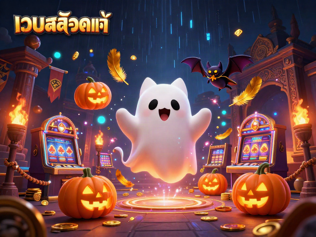 Experience the thrilling gameplay of เว็บสล็อตแท้ with a ghost cat and vampire bat in a haunted casino.