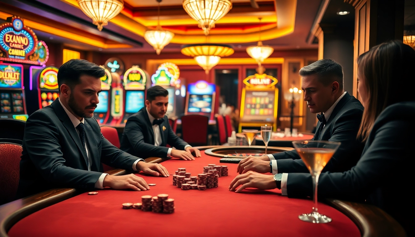 Competitive gamblers strategizing at a vibrant poker table with a backdrop of casino elegance at https://debet.spot/.