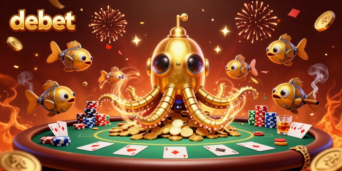 Experience the thrill at Debet with a golden kraken submarine amidst poker chips and casino excitement.