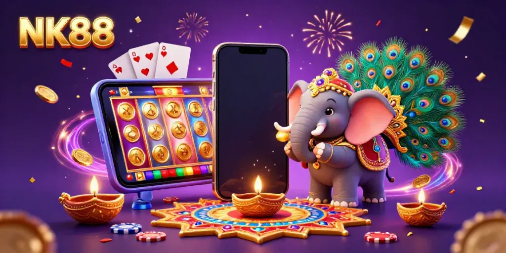 Engage in thrilling casino fun with NK88 featuring a colorful illustration of a Diwali-themed scene.